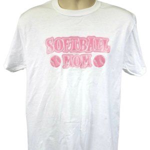 Softball Mom Pink Puff Glitter Lettering Graphic Shirt Sports Baseball Bat Mitt